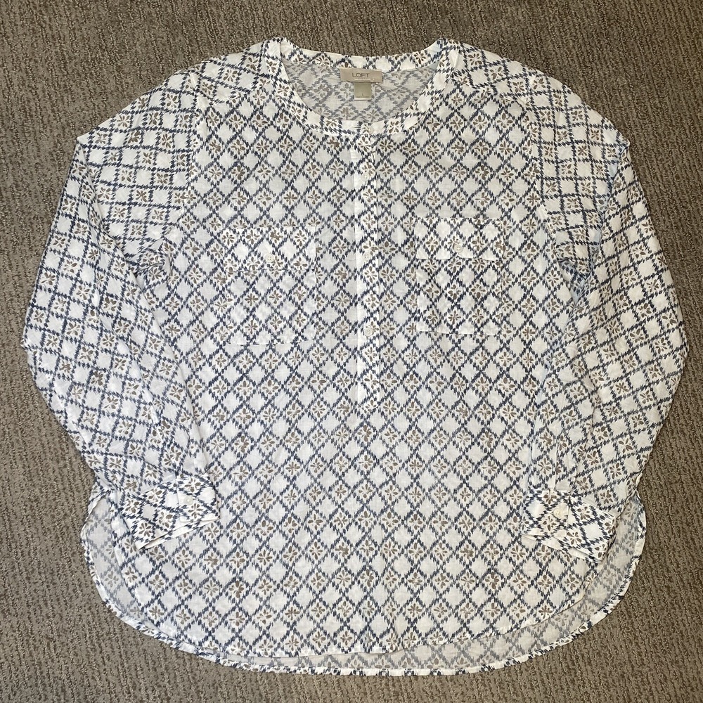 Ann Taylor LOFT Womens S Popover Shirt Long Roll Tab Sleeve White Diamond